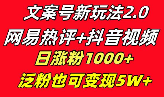 文案号新玩法 网易热评+抖音文案 一天涨粉1000+ 多种变现模式 泛粉也可变现-讯领网创