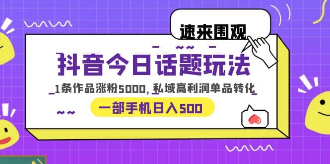 抖音今日话题玩法，1条作品涨粉5000，私域高利润单品转化 一部手机日入500-讯领网创