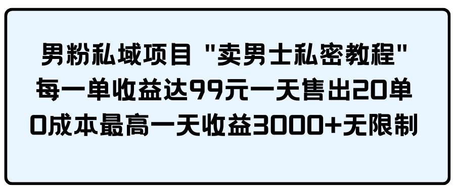 男粉私域项目 卖男士私密教程 每一单收益达99元一天售出20单-讯领网创