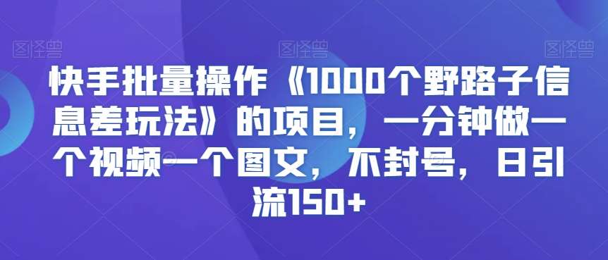 快手批量操作《1000个野路子信息差玩法》的项目，一分钟做一个视频一个图文，不封号，日引流150+【揭秘】-讯领网创