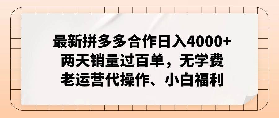 （11343期）最新拼多多合作日入4000+两天销量过百单，无学费、老运营代操作、小白福利-讯领网创