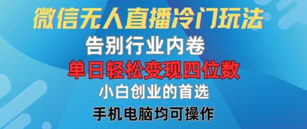 微信无人直播冷门玩法，告别行业内卷，单日轻松变现四位数，小白的创业首选【揭秘】-讯领网创