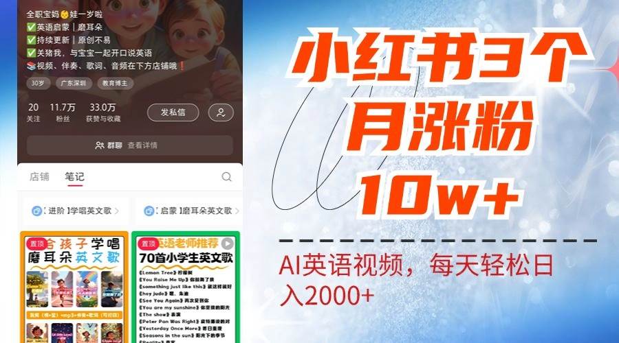 小红书三个月涨粉10W，AI英语视频0成本制作，每天轻松日入2000+-讯领网创